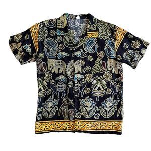 Vintage Men's L Ethnic Rayon Short Sleeve Hawaiian Shirt Mix Print Black Multi